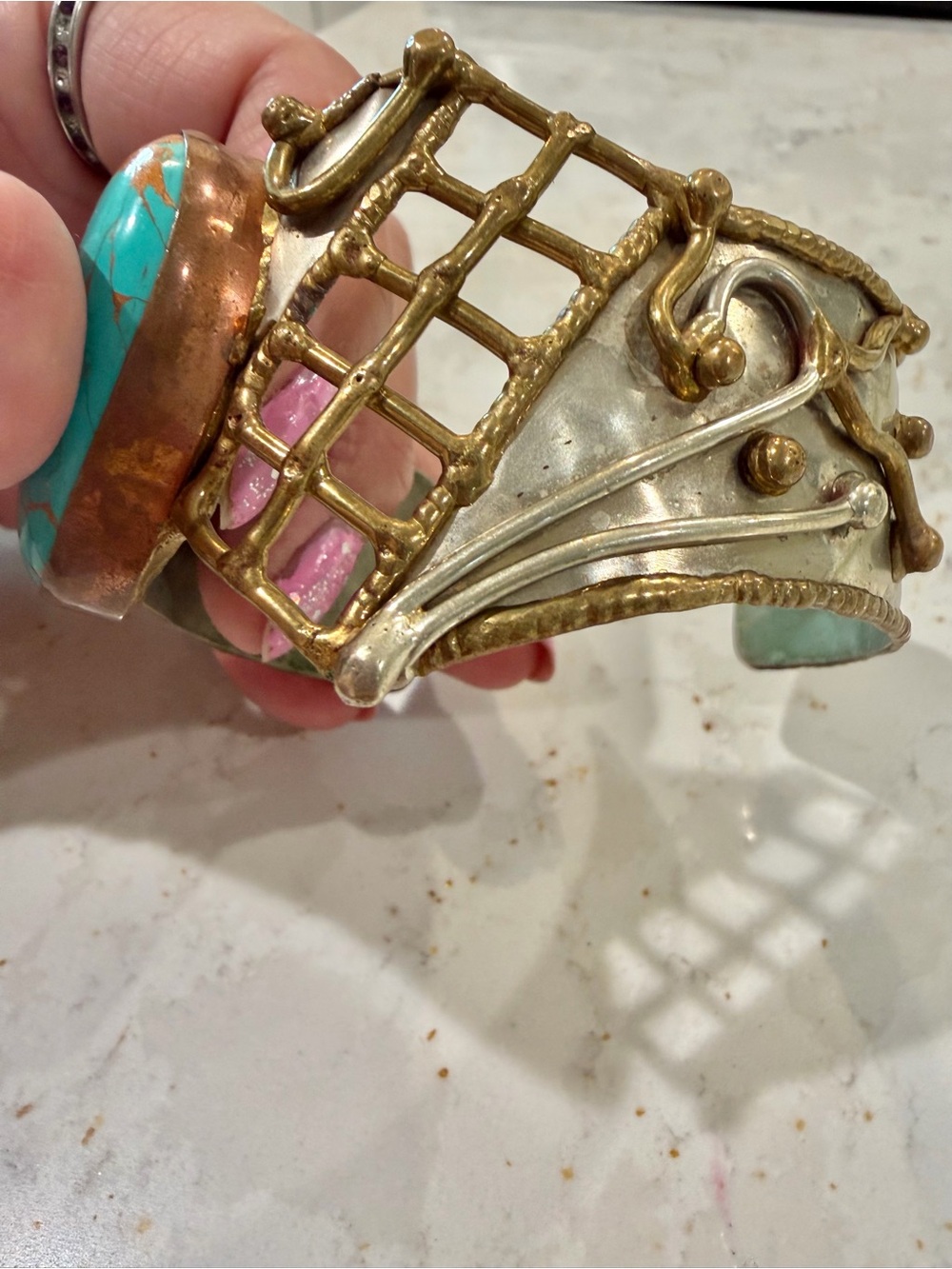 Vintage Mixed Metal Brutalist Turquoise Cuff Bracelet Statement Grid Lattice - Picture 10 of 15